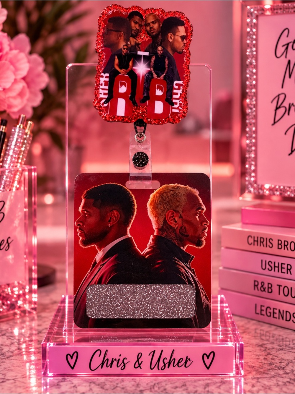 Chris & Usher Pink Glitter Acrylic badge reel